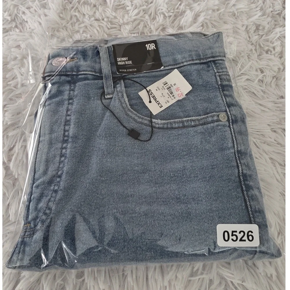 Express Skinny High Rise Hyper Stretch Jeans Medium Wash Distressed 10R NEW